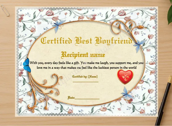 Professional preview of Editable Template Best Boyfriend certificate on high-quality stationery paper, ideal for showcasing the final look.