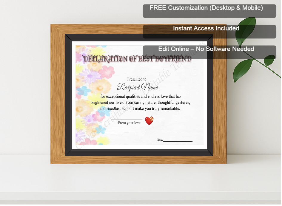 Premium mockup with Free Editor badge stack for Best Boyfriend Declaration