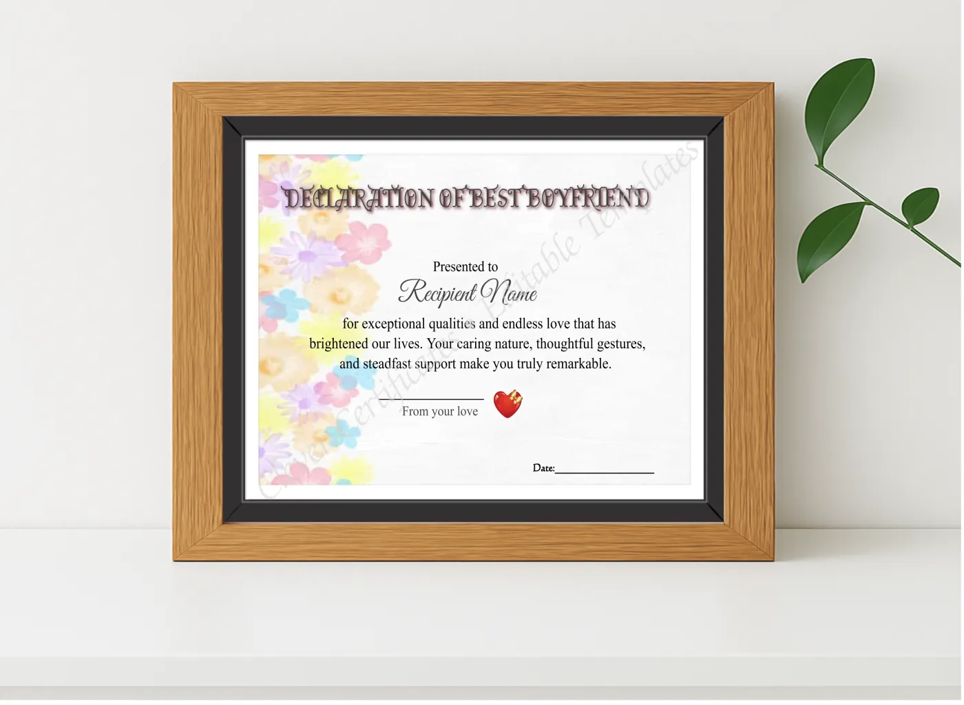 Realistic mockup featuring Best Boyfriend Declaration displayed within a modern frame, set against a minimalistic background.