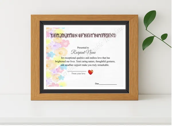 Realistic mockup featuring Best Boyfriend Declaration displayed within a modern frame, set against a minimalistic background.