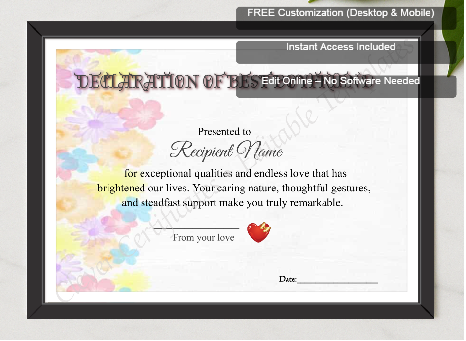 Framed preview featuring Free Editor badge stack for Best Boyfriend Declaration