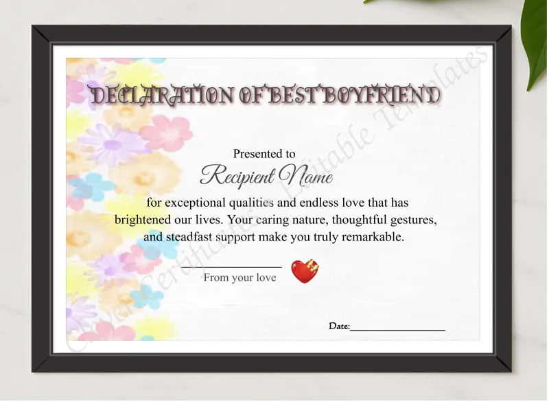 Best Boyfriend Declaration presented in a sleek wooden frame, elegantly arranged on a stylish table.