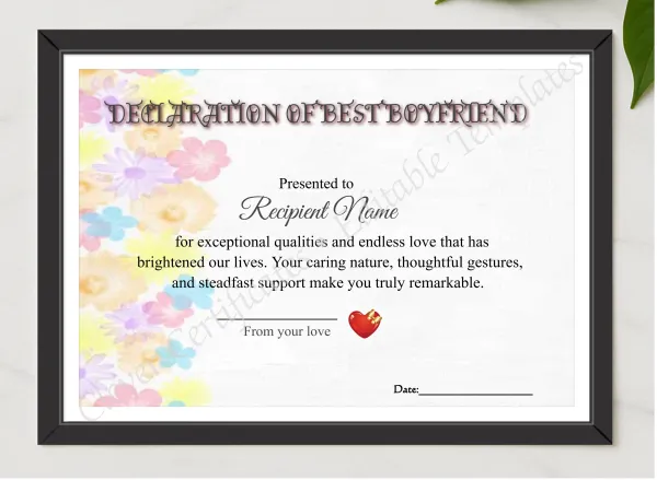 Best Boyfriend Declaration presented in a sleek wooden frame, elegantly arranged on a stylish table.