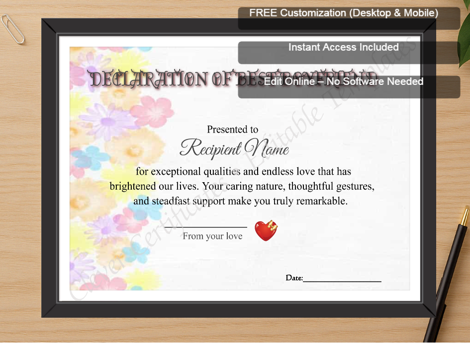 Zoomed preview with Free Editor badge stack for Best Boyfriend Declaration