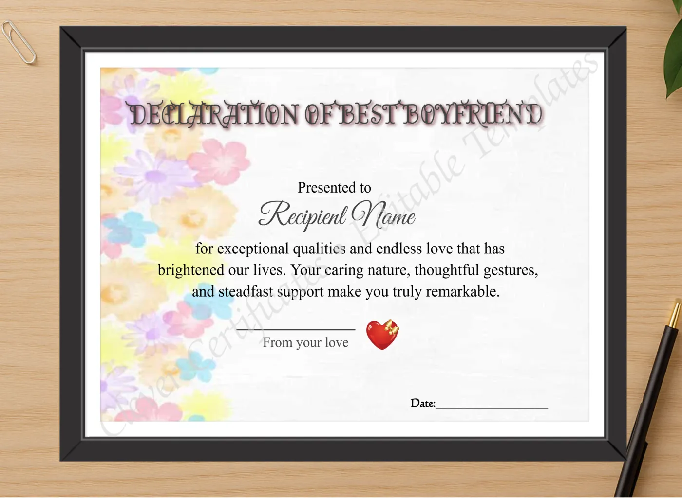 Professional preview of Best Boyfriend Declaration certificate on high-quality stationery paper, ideal for showcasing the final look.