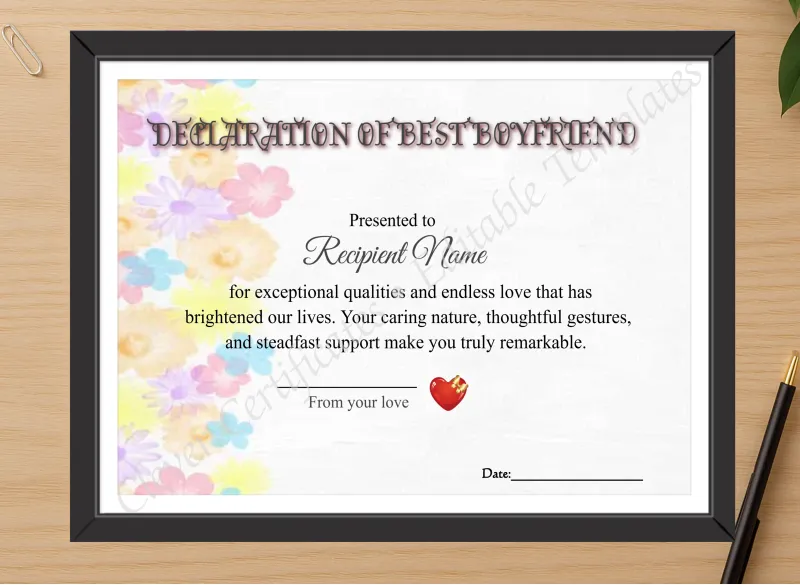 Professional preview of Best Boyfriend Declaration certificate on high-quality stationery paper, ideal for showcasing the final look.
