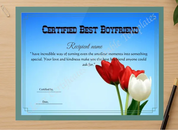 Professional preview of Editable Best Boyfriend Template certificate on high-quality stationery paper, ideal for showcasing the final look.