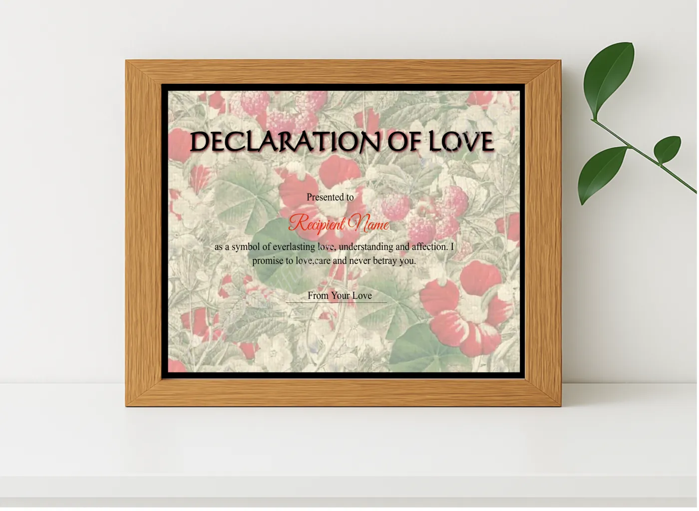 Realistic mockup featuring Love Certificate displayed within a modern frame, set against a minimalistic background.