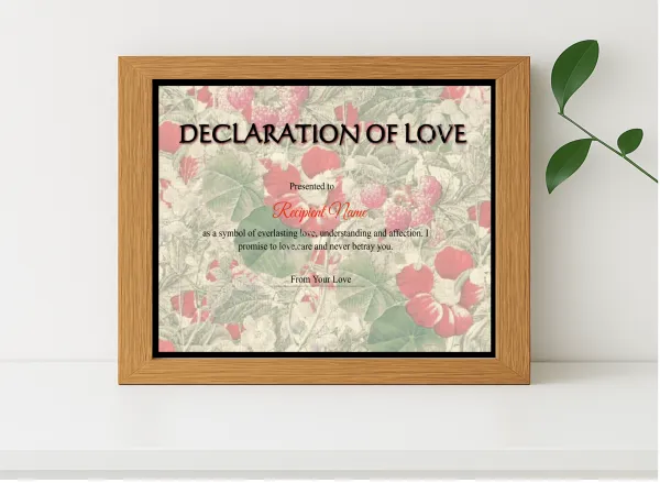 Realistic mockup featuring Love Certificate displayed within a modern frame, set against a minimalistic background.