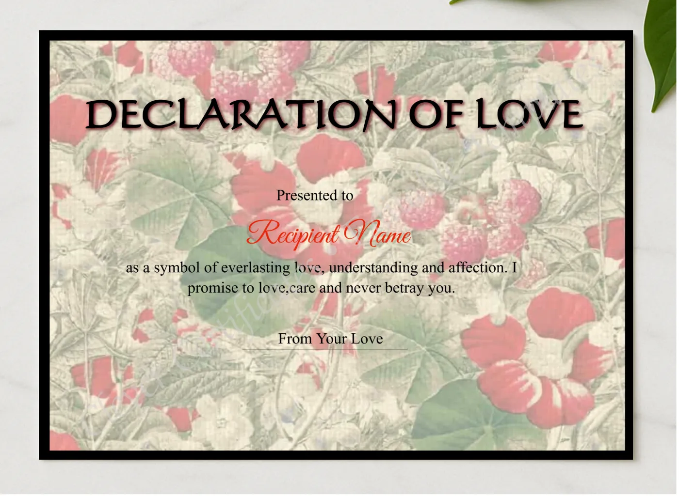 Love Certificate presented in a sleek wooden frame, elegantly arranged on a stylish table.