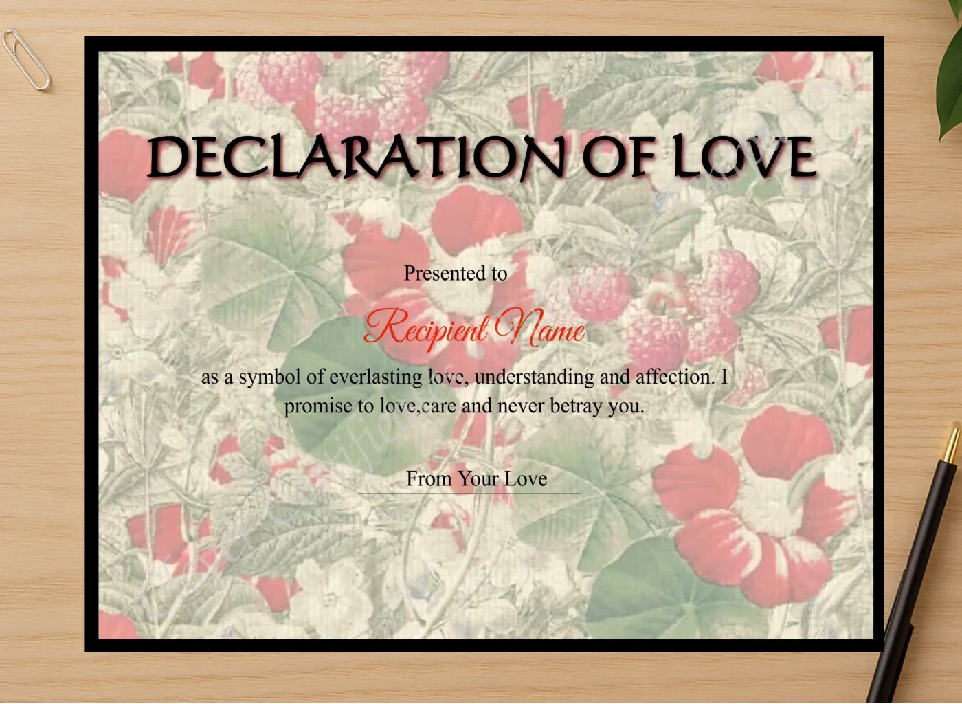 Professional preview of Love Certificate certificate on high-quality stationery paper, ideal for showcasing the final look.