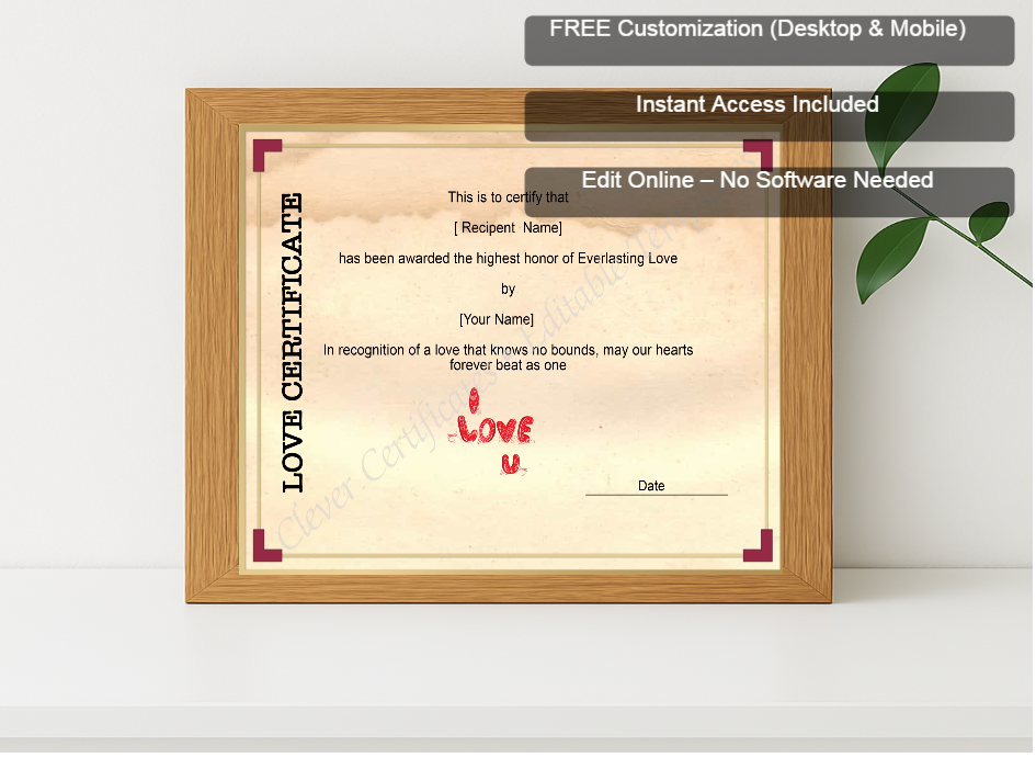 Premium mockup with Free Editor badge stack for Love Certificate Template