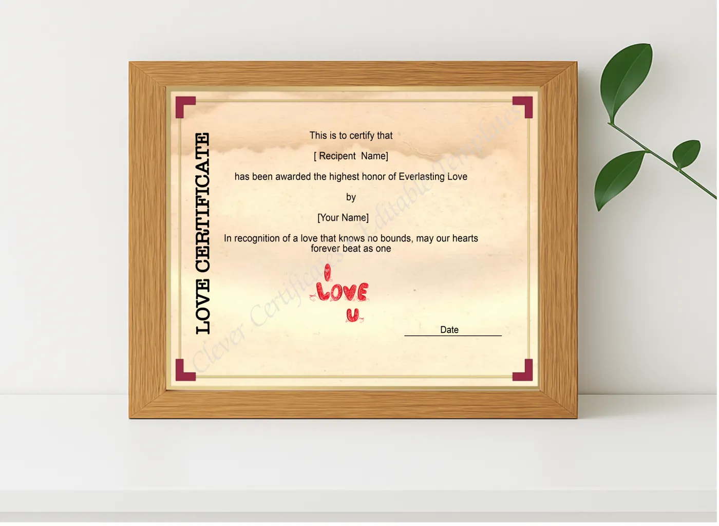 Realistic mockup featuring Love Certificate Template displayed within a modern frame, set against a minimalistic background.