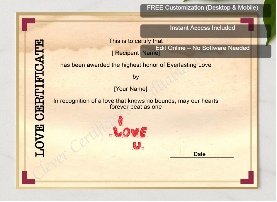 Framed preview featuring Free Editor badge stack for Love Certificate Template