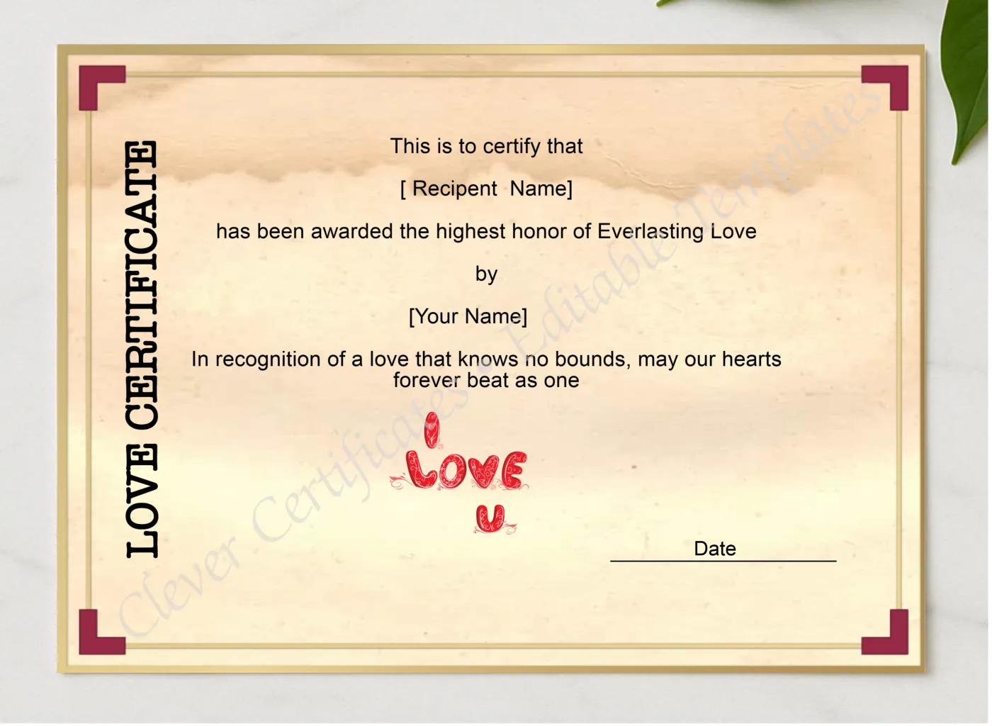 Love Certificate Template presented in a sleek wooden frame, elegantly arranged on a stylish table.