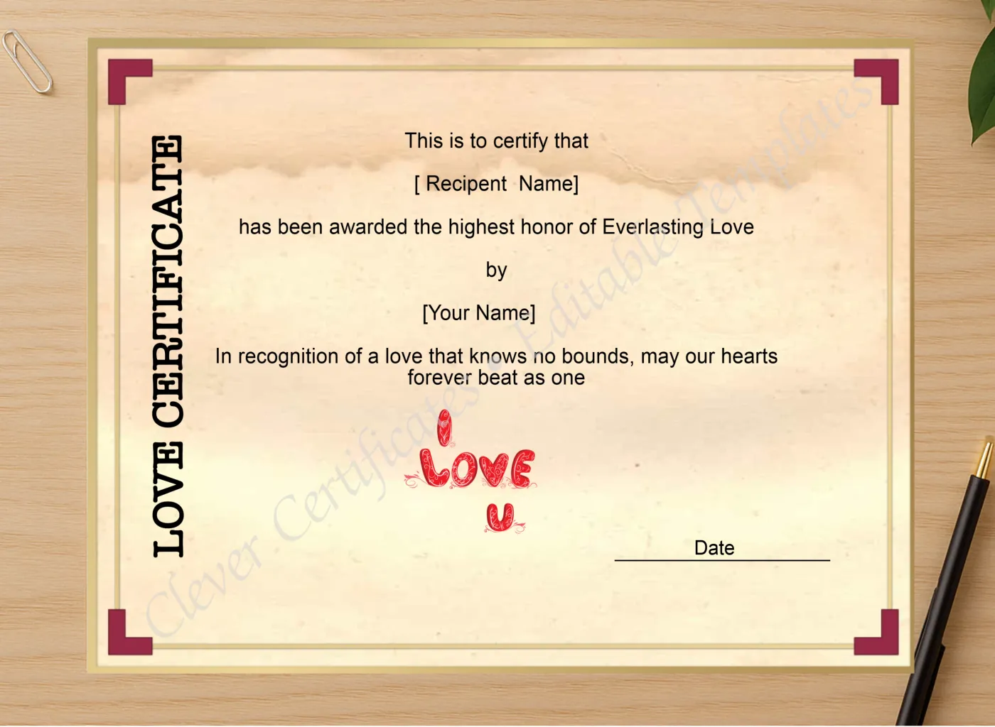 Professional preview of Love Certificate Template certificate on high-quality stationery paper, ideal for showcasing the final look.