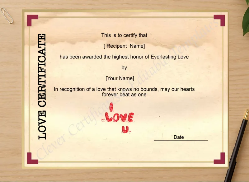 Professional preview of Love Certificate Template certificate on high-quality stationery paper, ideal for showcasing the final look.