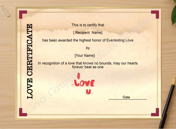 Professional preview of Love Certificate Template certificate on high-quality stationery paper, ideal for showcasing the final look.