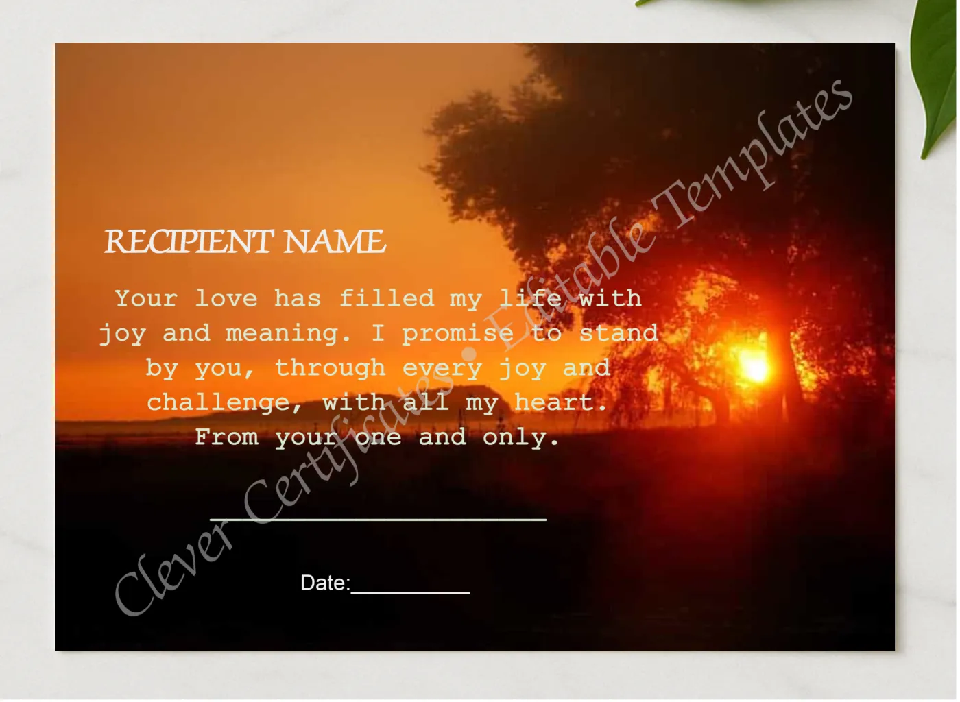 Template Love Certificate presented in a sleek wooden frame, elegantly arranged on a stylish table.