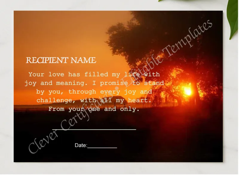 Template Love Certificate presented in a sleek wooden frame, elegantly arranged on a stylish table.