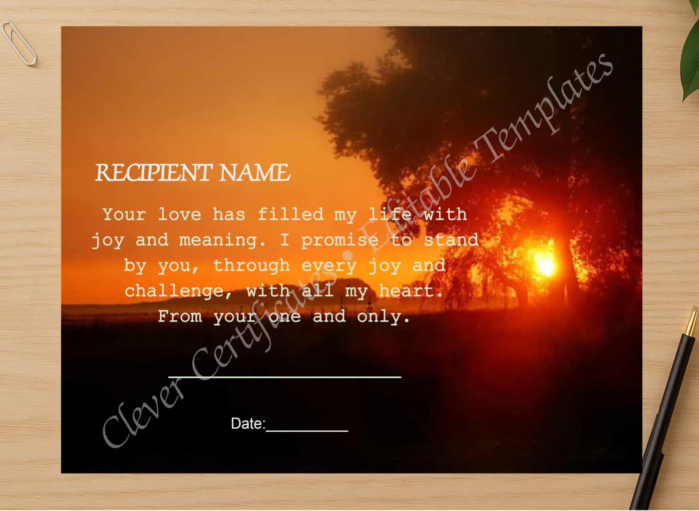 Professional preview of Template Love Certificate certificate on high-quality stationery paper, ideal for showcasing the final look.