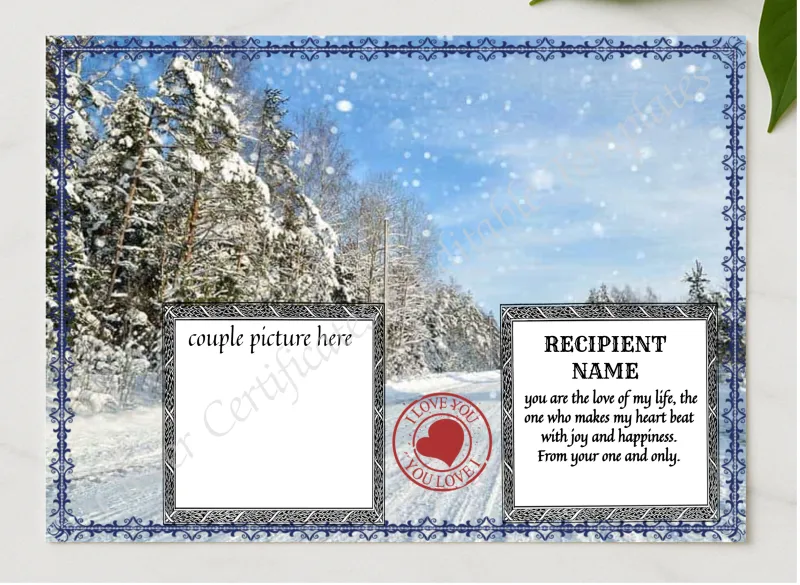 Love You Certificate presented in a sleek wooden frame, elegantly arranged on a stylish table.