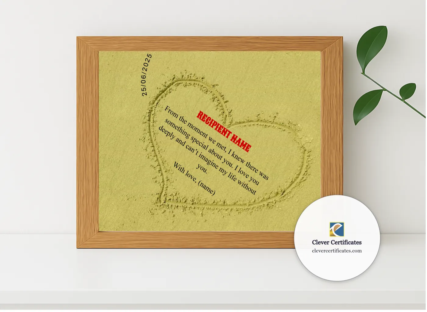 Realistic mockup featuring Love Declaration Award displayed within a modern frame, set against a minimalistic background.