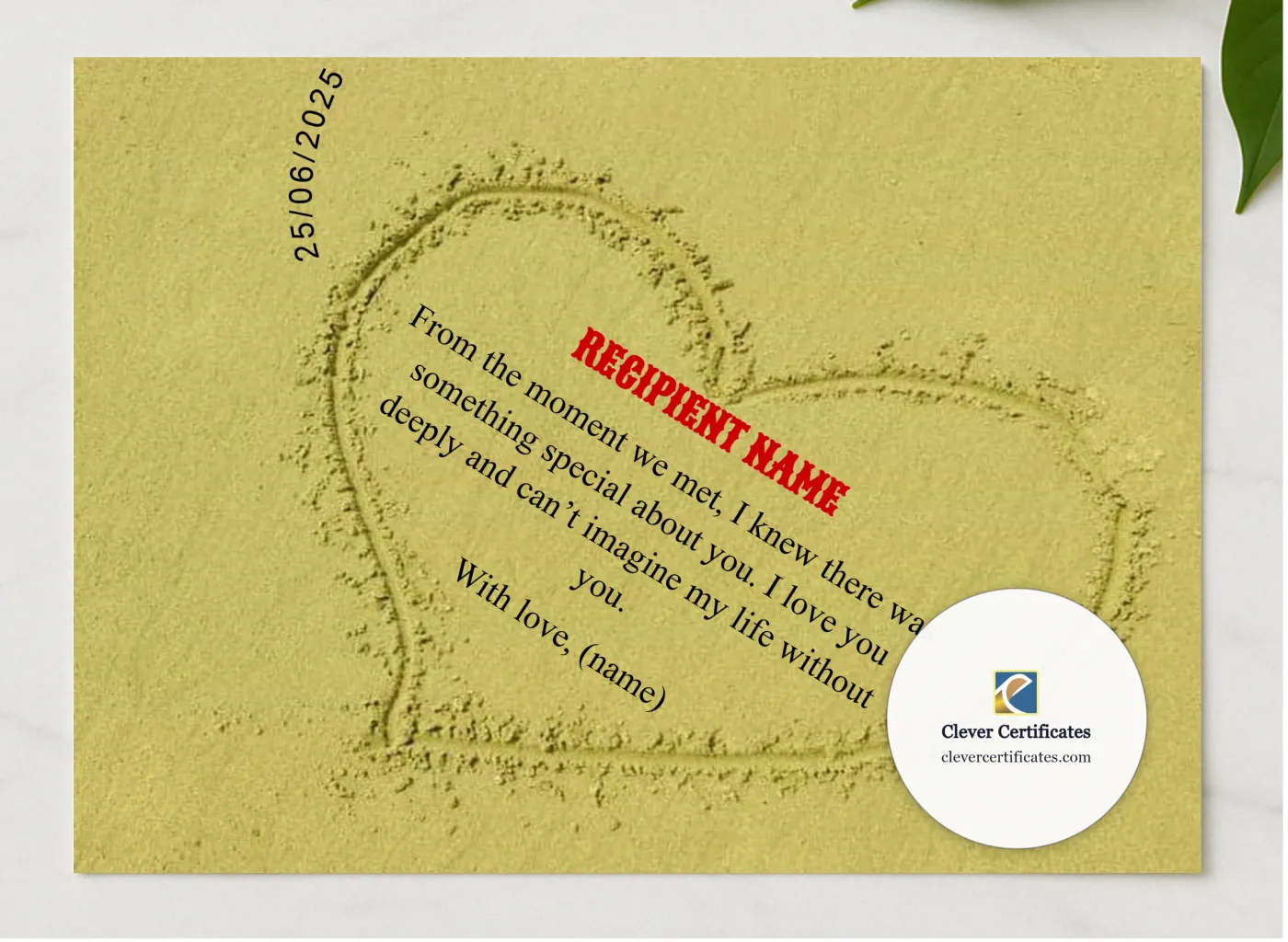 Love Declaration Award presented in a sleek wooden frame, elegantly arranged on a stylish table.