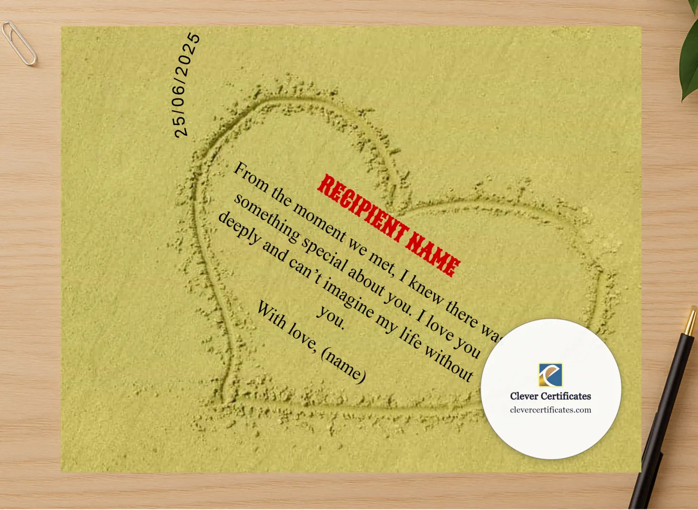Professional preview of Love Declaration Award certificate on high-quality stationery paper, ideal for showcasing the final look.