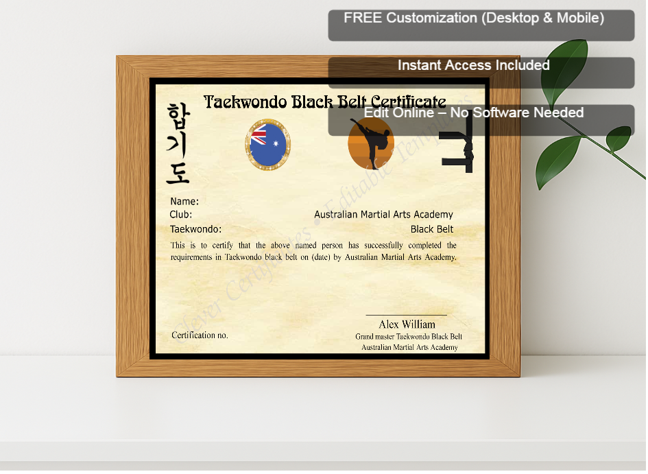 Premium mockup with Free Editor badge stack for Editable Martial Arts Certificate