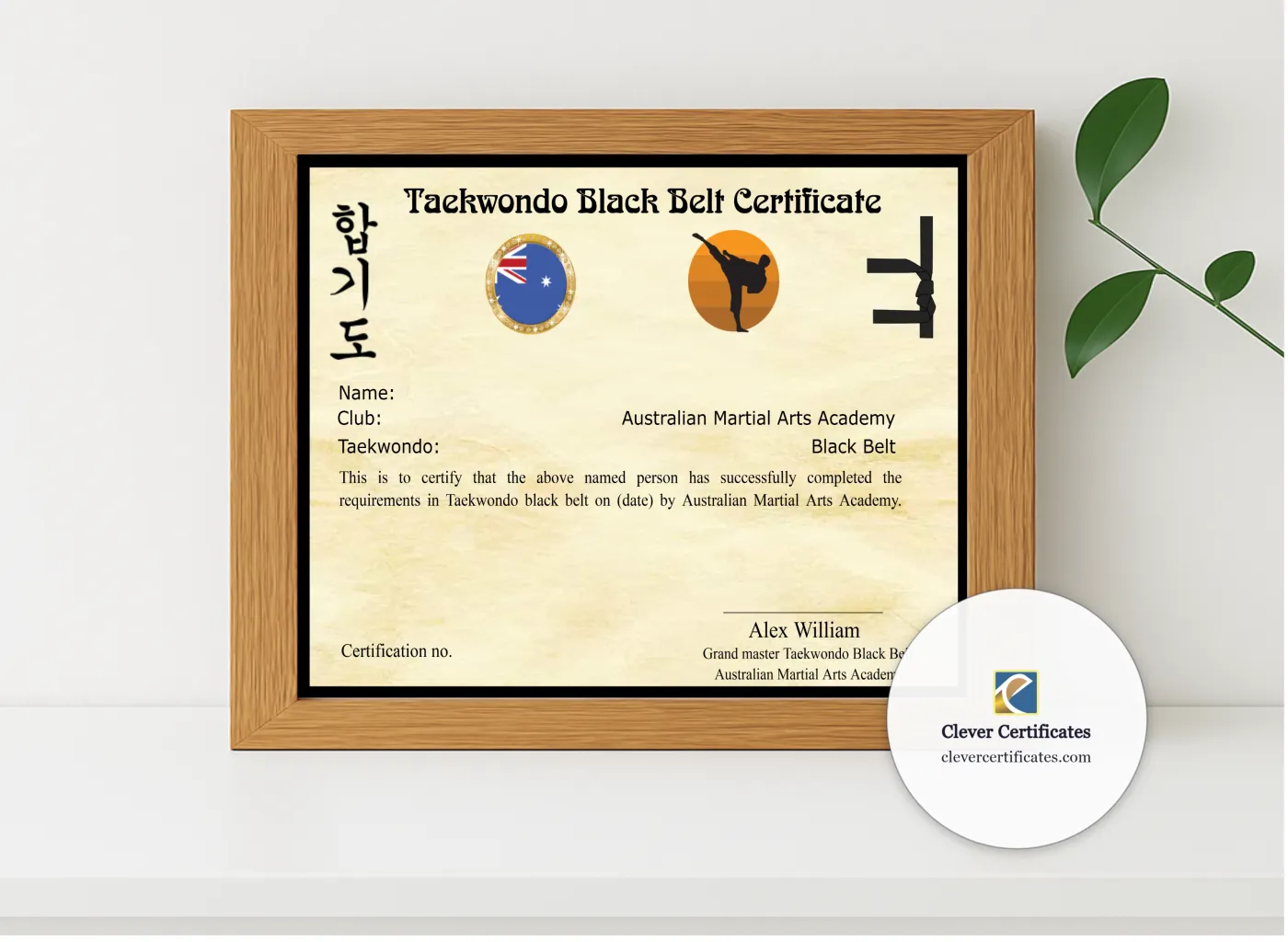 Realistic mockup featuring Editable Martial Arts Certificate displayed within a modern frame, set against a minimalistic background.