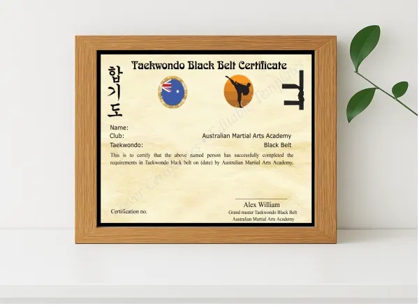 Realistic mockup featuring Editable Martial Arts Certificate displayed within a modern frame, set against a minimalistic background.
