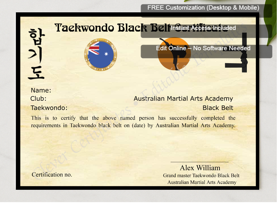 Framed preview featuring Free Editor badge stack for Editable Martial Arts Certificate