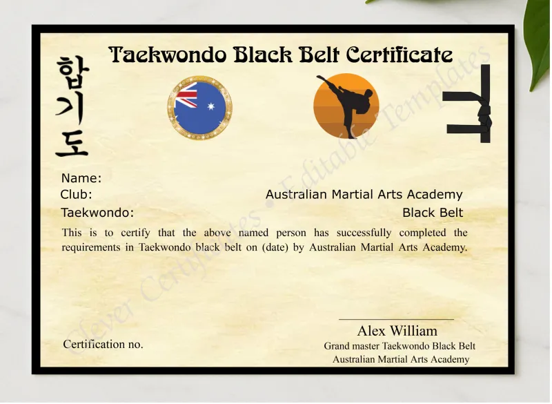 Editable Martial Arts Certificate presented in a sleek wooden frame, elegantly arranged on a stylish table.