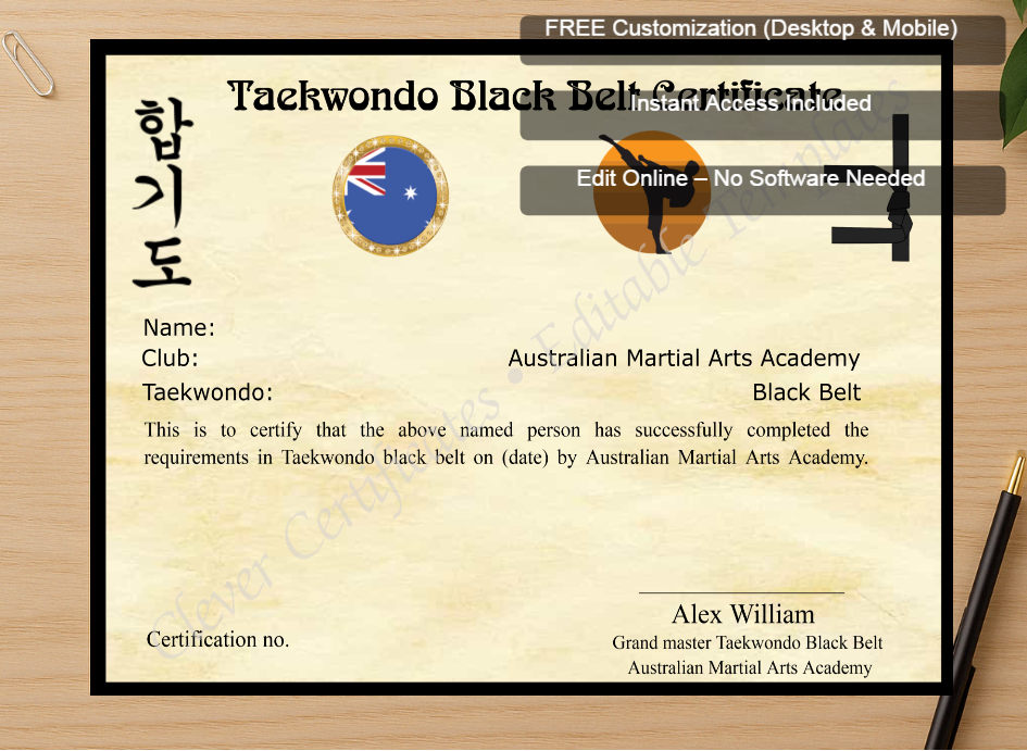 Zoomed preview with Free Editor badge stack for Editable Martial Arts Certificate