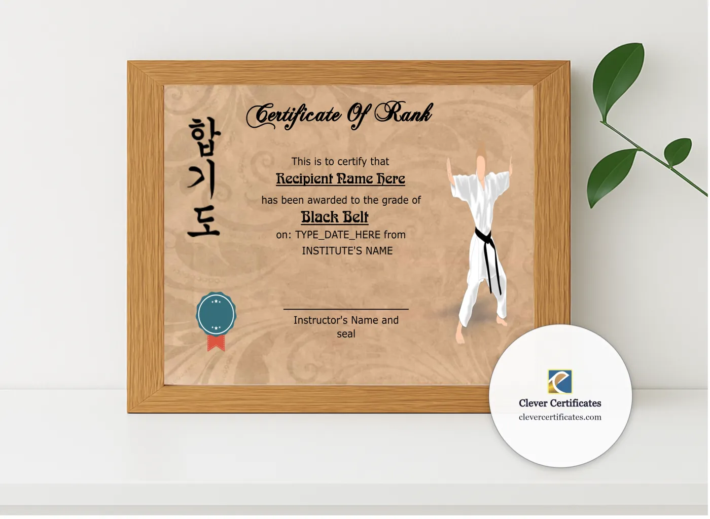Realistic mockup featuring Martial Arts Award Certificate displayed within a modern frame, set against a minimalistic background.
