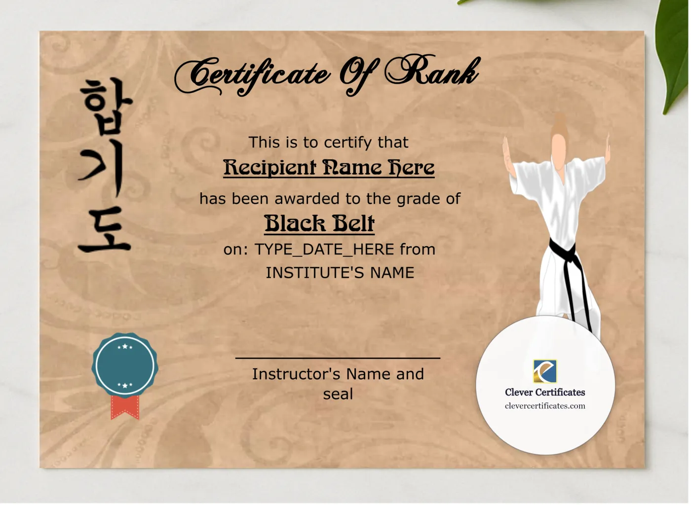 Martial Arts Award Certificate presented in a sleek wooden frame, elegantly arranged on a stylish table.