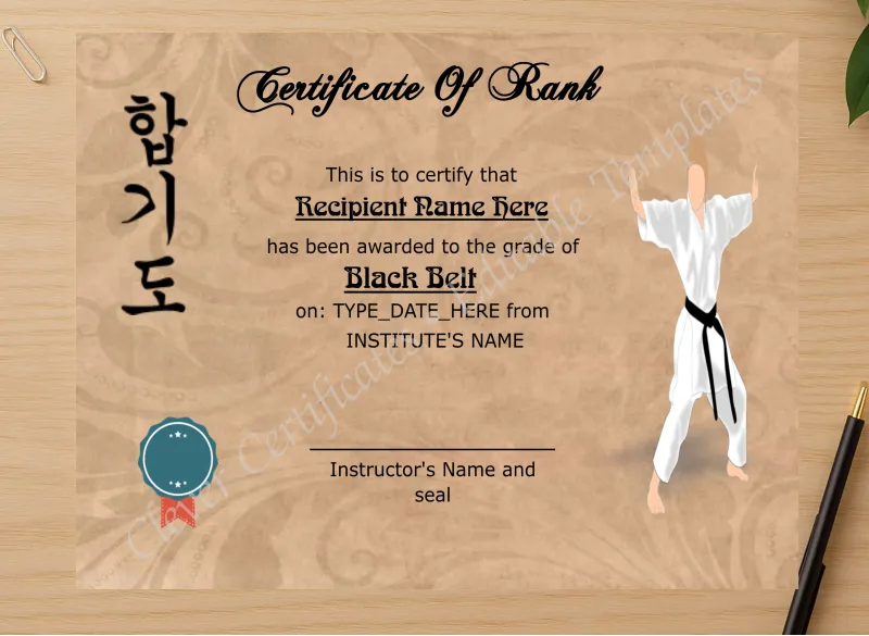 Professional preview of Martial Arts Award Certificate certificate on high-quality stationery paper, ideal for showcasing the final look.