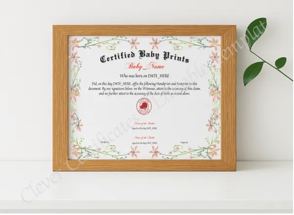Realistic mockup featuring Certified Baby Prints displayed within a modern frame, set against a minimalistic background.