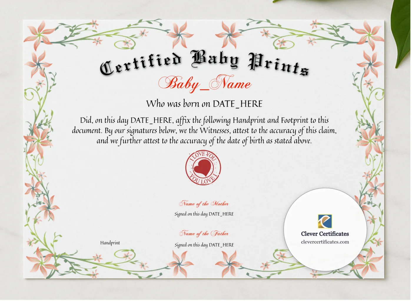 Certified Baby Prints presented in a sleek wooden frame, elegantly arranged on a stylish table.