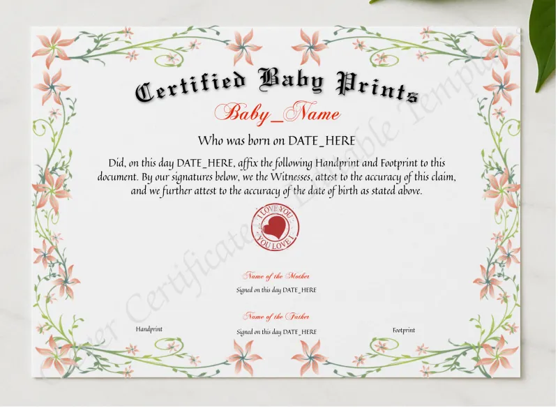 Certified Baby Prints presented in a sleek wooden frame, elegantly arranged on a stylish table.