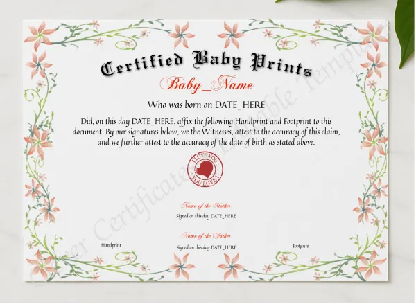 Certified Baby Prints presented in a sleek wooden frame, elegantly arranged on a stylish table.