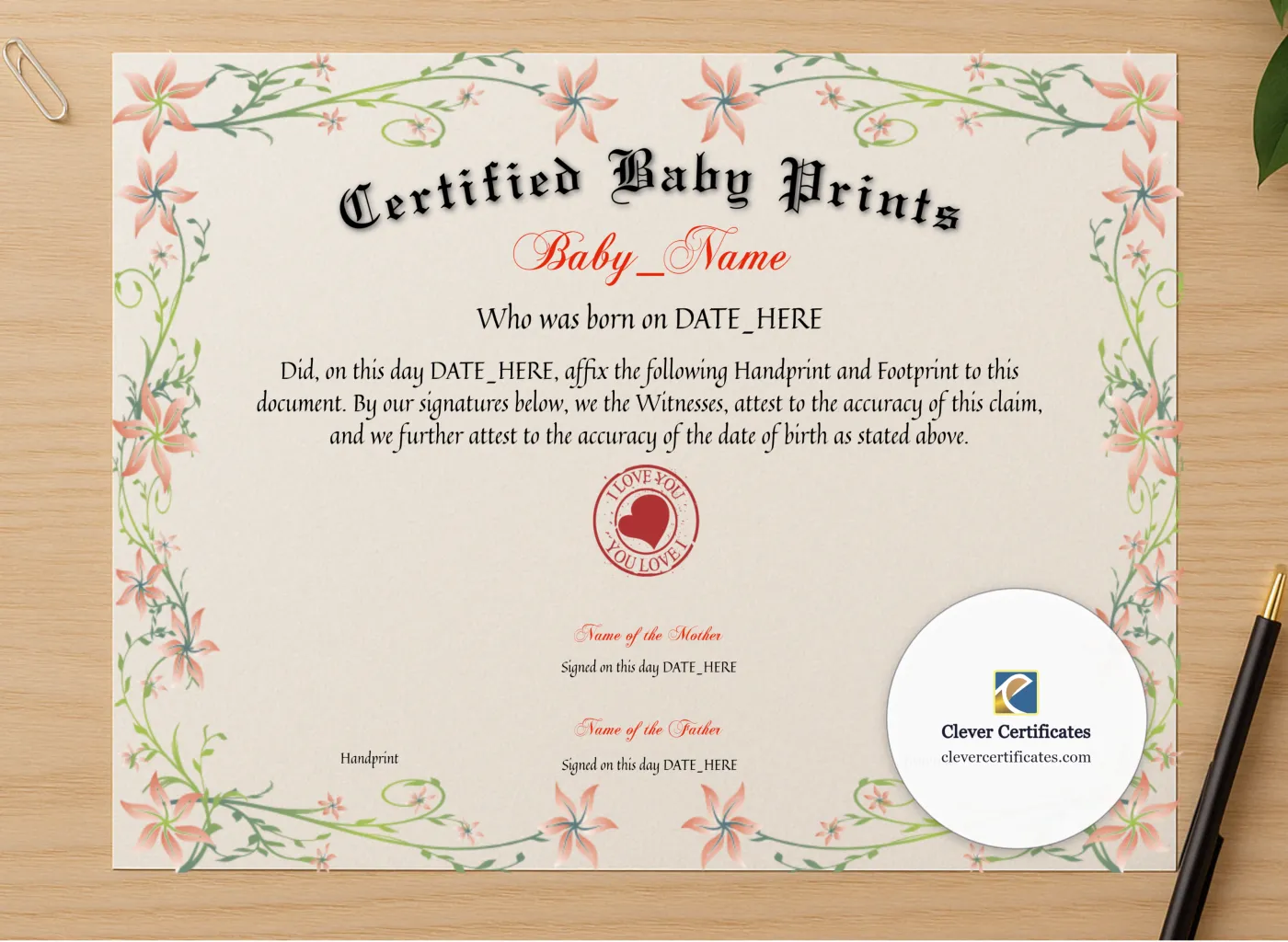 Professional preview of Certified Baby Prints certificate on high-quality stationery paper, ideal for showcasing the final look.