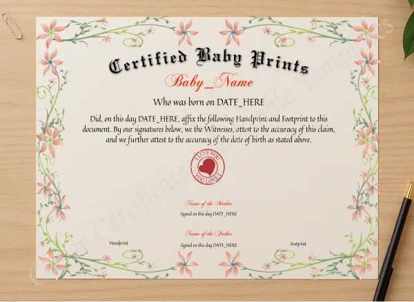 Professional preview of Certified Baby Prints certificate on high-quality stationery paper, ideal for showcasing the final look.