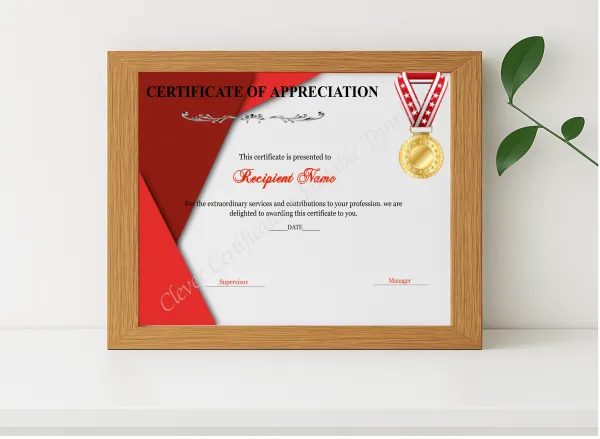 Realistic mockup featuring Certificate Of Appreciation Editable displayed within a modern frame, set against a minimalistic background.