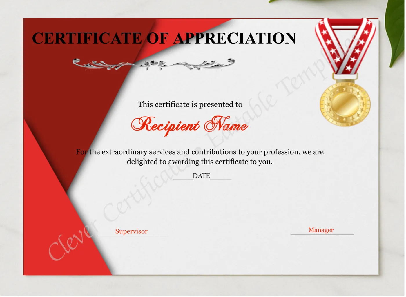 Certificate Of Appreciation Editable presented in a sleek wooden frame, elegantly arranged on a stylish table.