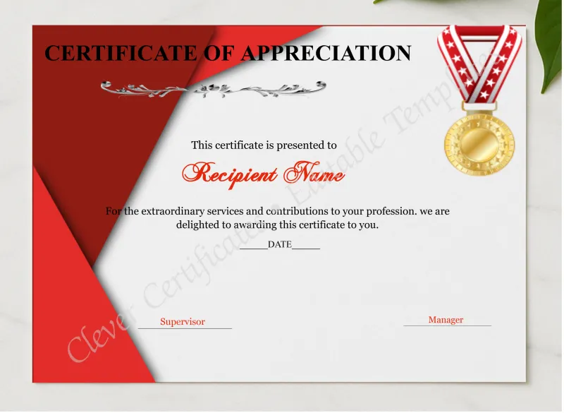 Certificate Of Appreciation Editable presented in a sleek wooden frame, elegantly arranged on a stylish table.