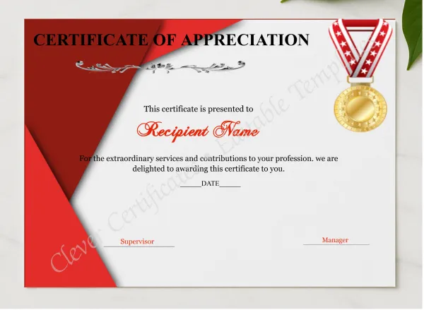 Certificate Of Appreciation Editable presented in a sleek wooden frame, elegantly arranged on a stylish table.
