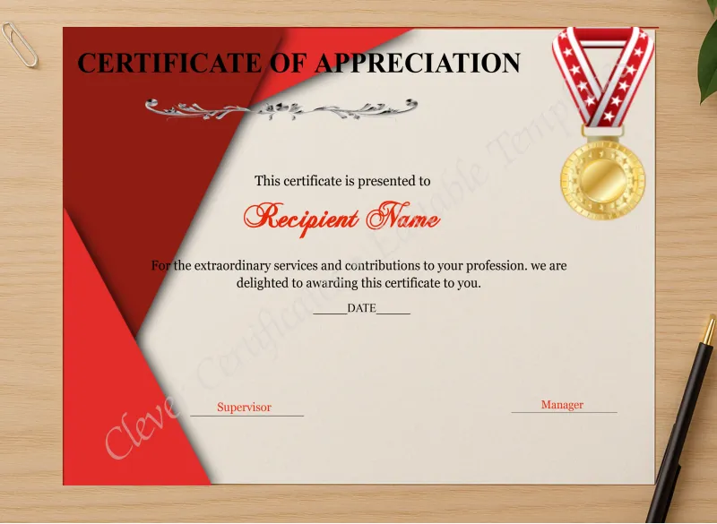 Professional preview of Certificate Of Appreciation Editable certificate on high-quality stationery paper, ideal for showcasing the final look.