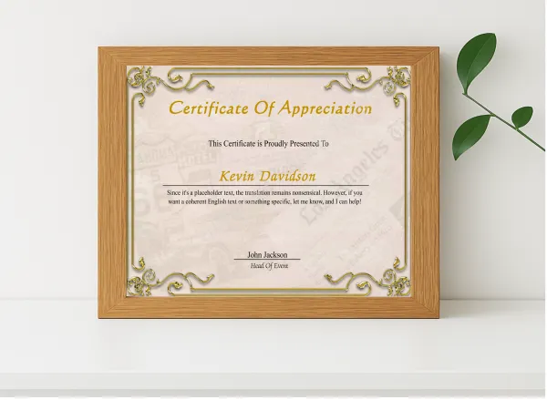 Realistic mockup featuring Elegant Certificate Of Appreciation displayed within a modern frame, set against a minimalistic background.
